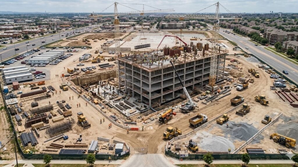 Construction Site Layout With Workers Equipment And Materials Construction Site Capacity Active construction site with machinery and workers