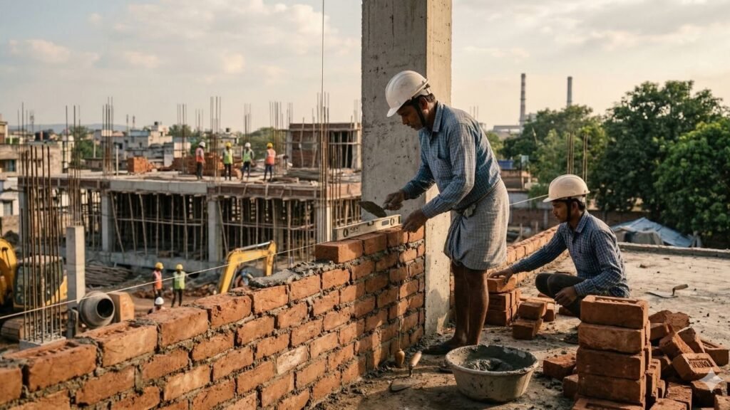 Construction Workers Building Brick Wall Construction Site Capacity Workers constructing a brick wall.